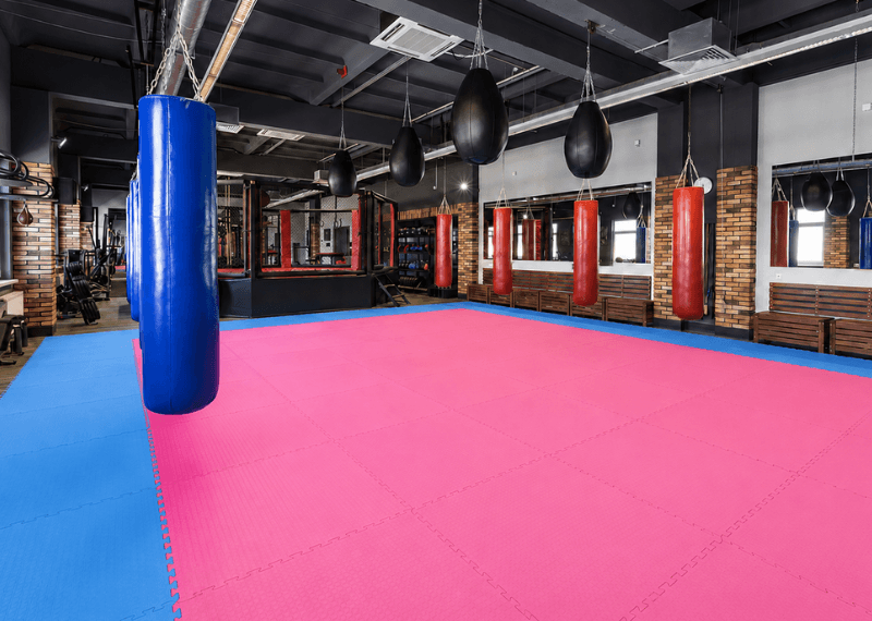 Pembe ve mavi geçmeli tatami döşenmiş boks salonu